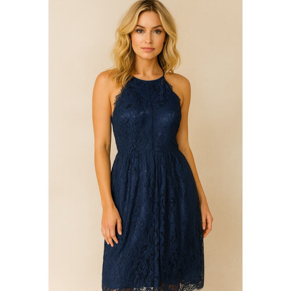 NWT ELIZA J navy blue lace overlay halter midi dress size 6 cocktail party